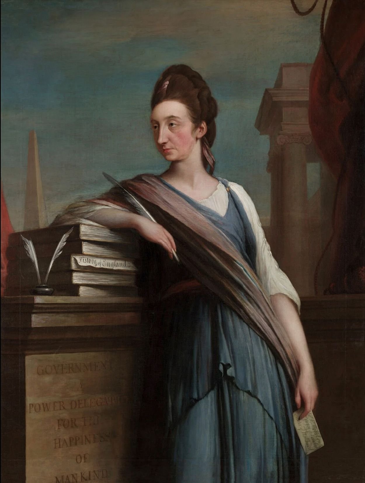Portrait painting of Catharine Macaulay in eighteenth-century dress, leaning beside a pedestal with books and quills