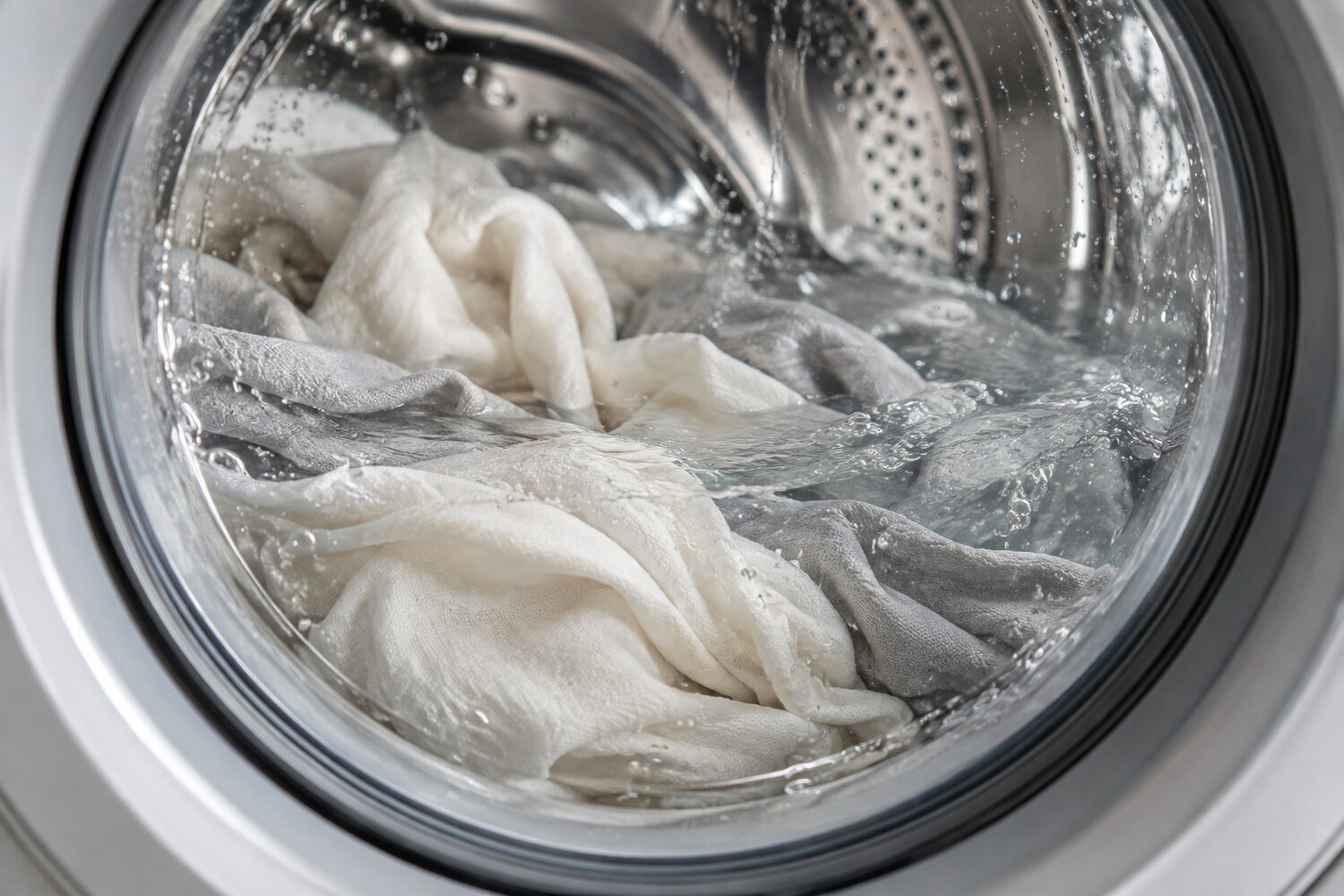 Clear water rinsing pale cotton fabric inside an unbranded front-loading washer