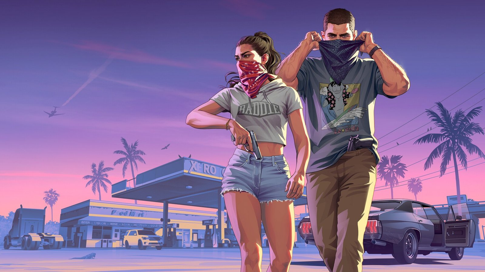 Lucia and Jason pull up bandanas over their faces outside a gas station during a neon-lit Vice City sunset