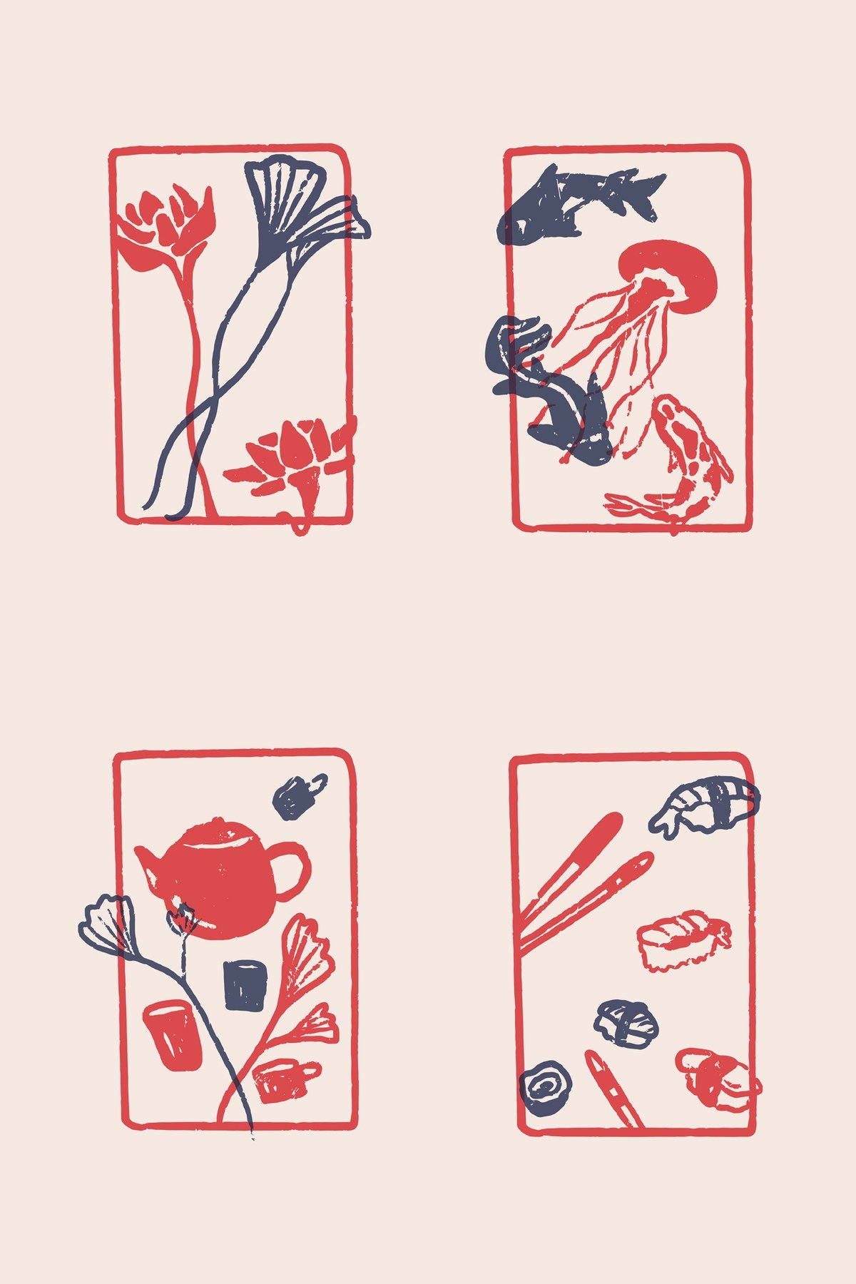 Four illustrated panels showing stylised red and navy botanical and culinary elements including flowers, fish, teapot, chopsticks and sushi, outlined in red borders