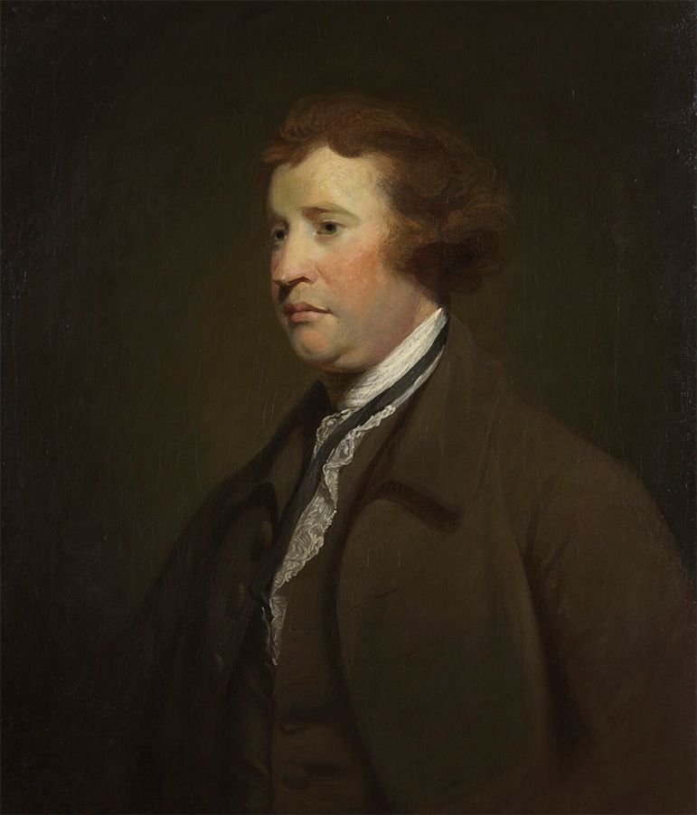 Portrait painting of Edmund Burke seated in eighteenth-century clothing against a dark background, looking left