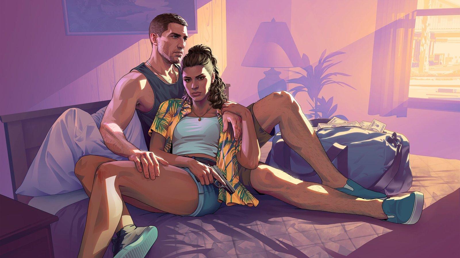 Lucia and Jason sit together on a motel bed in warm purple and pink sunlight