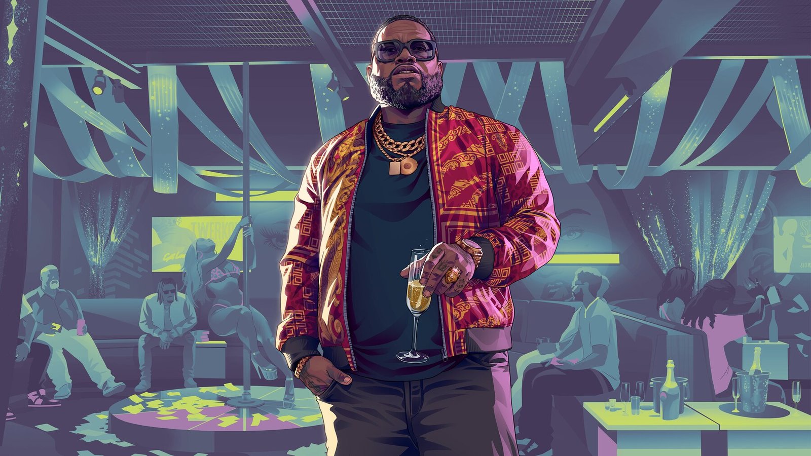 A performer in a red patterned jacket and sunglasses stands onstage in a neon-lit GTA 6 club