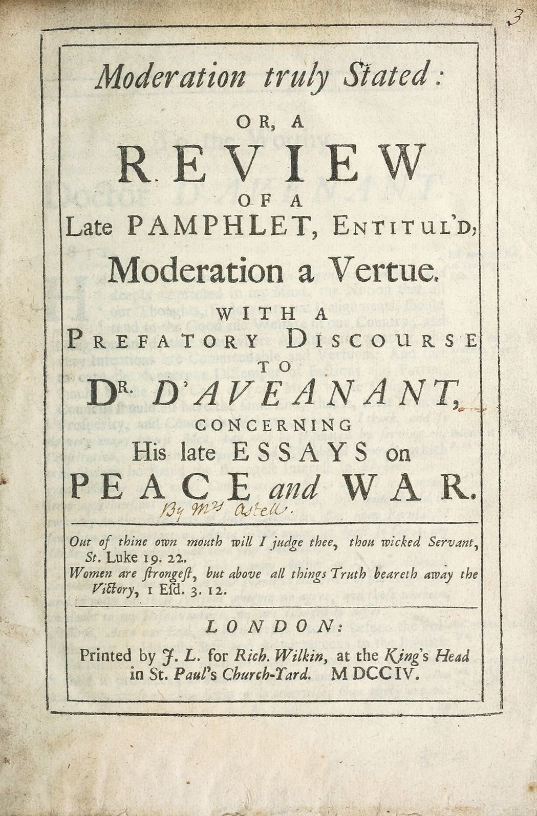 Title page of Mary Astell's 1704 pamphlet Moderation Truly Stated
