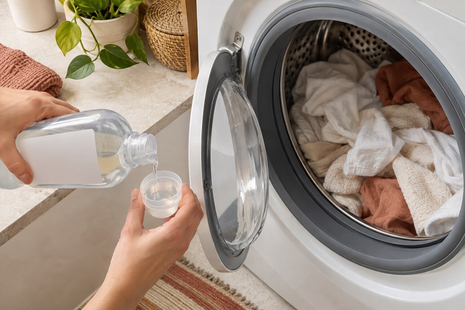 Hands measuring a modest detergent dose beside a loosely filled front-loading washer
