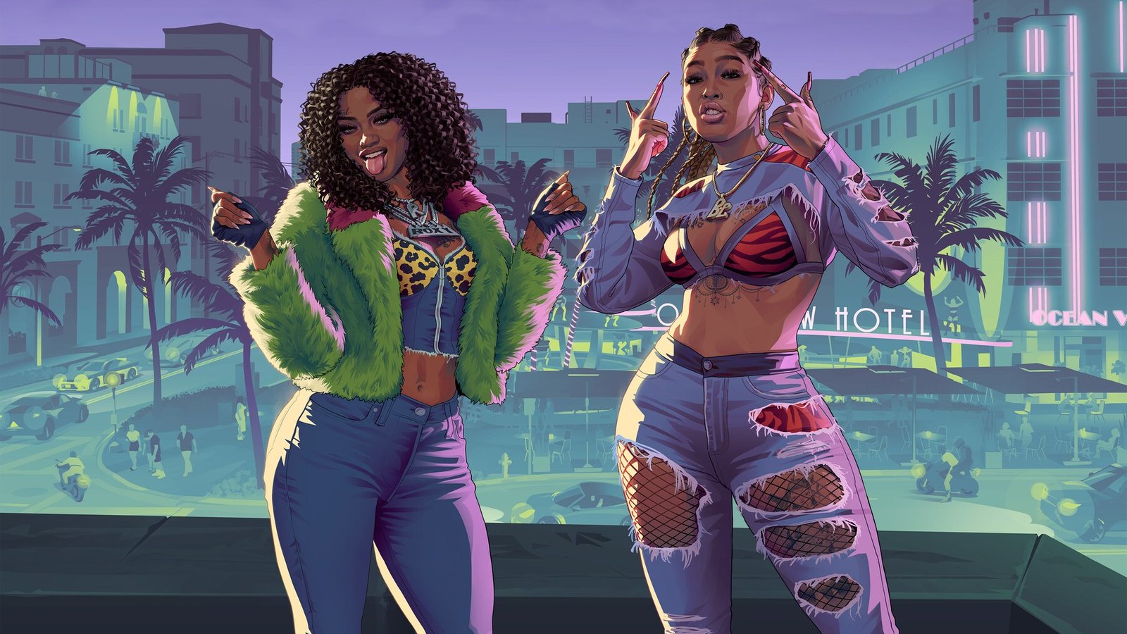Two women in vibrant neon-lit clothing pose against a Vice City streetscape at night