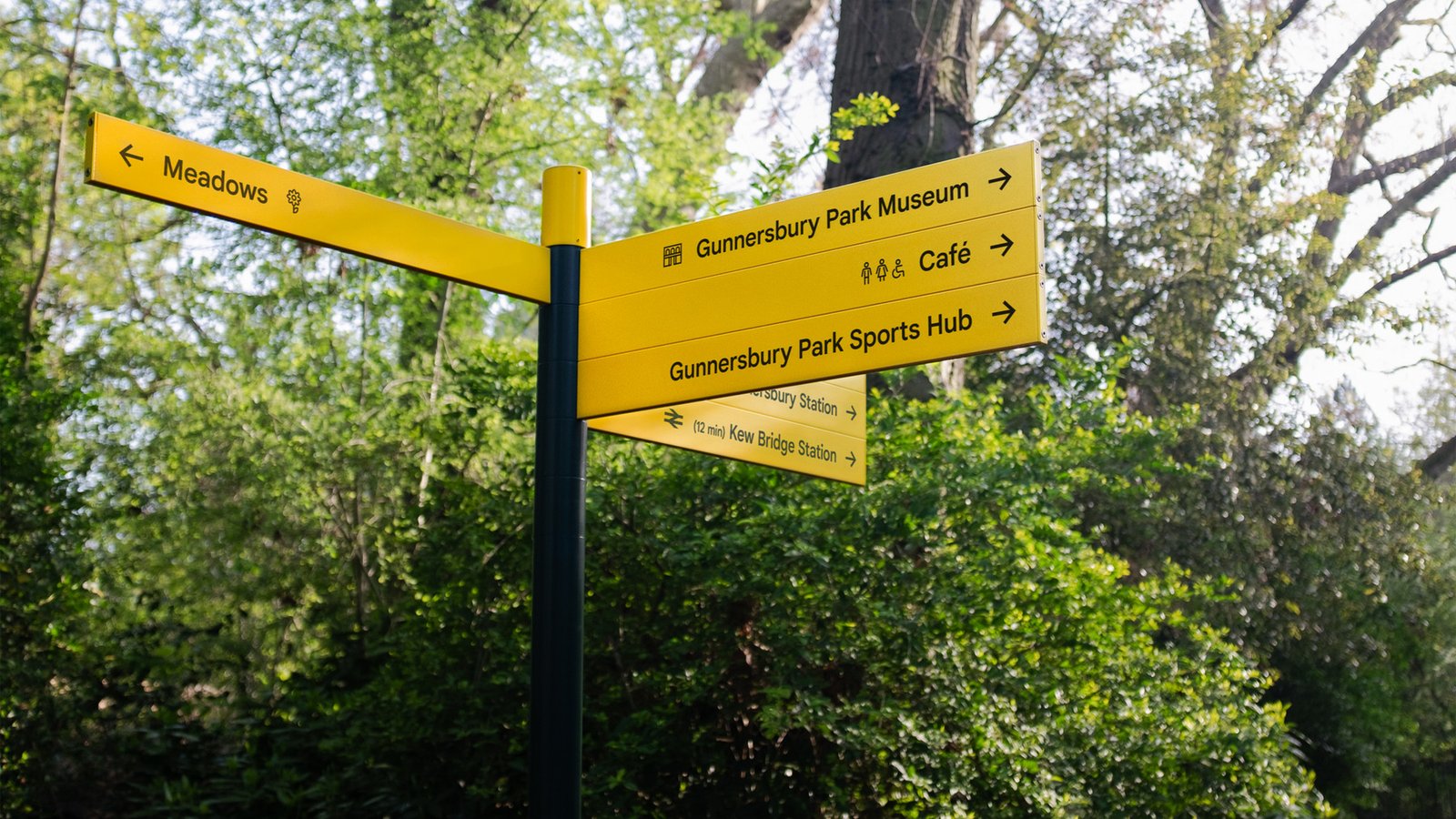 Bright yellow directional signpost in Gunnersbury Park pointing to Meadows, Gunnersbury Park Museum, Cafe and Sports Hub, with green foliage behind