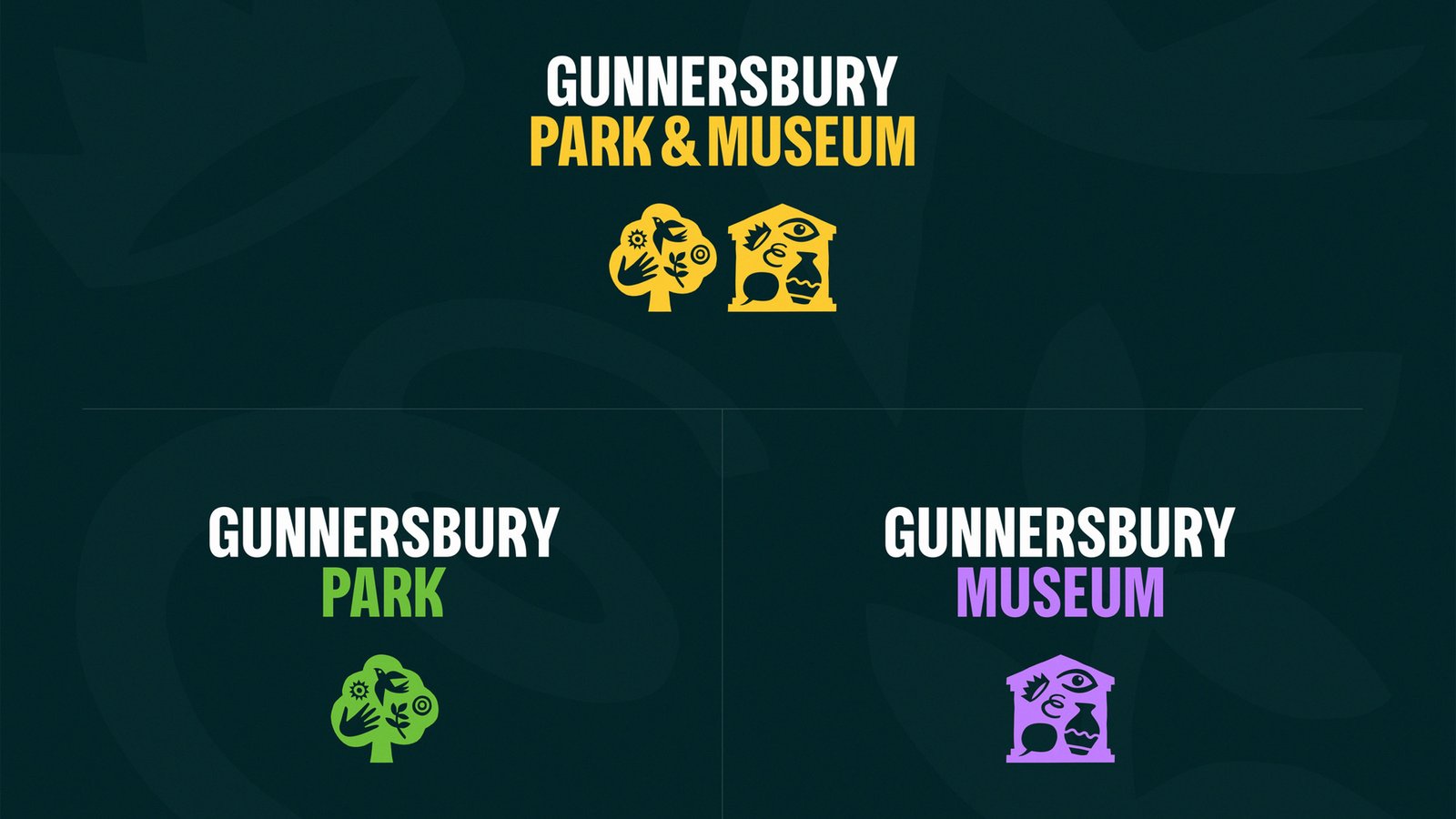 Gunnersbury Park and Museum rebrand showing separate identities for the park in green and museum in purple, with shared yellow icons above on a dark background