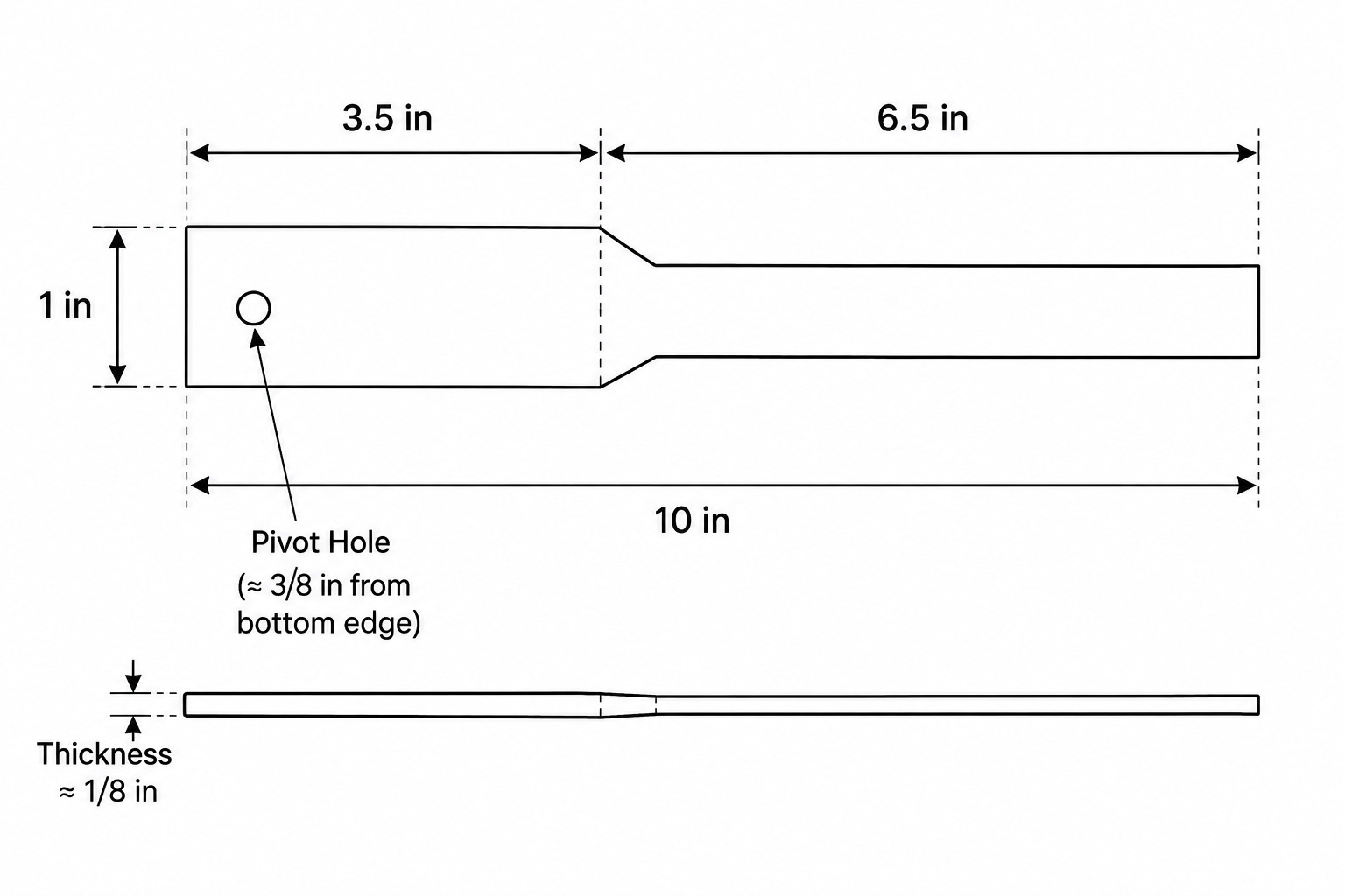 Diagram of a ten-by-one-inch fan rib with a pivot hole about three-eighths inch from the bottom edge and material thickness about one-eighth inch