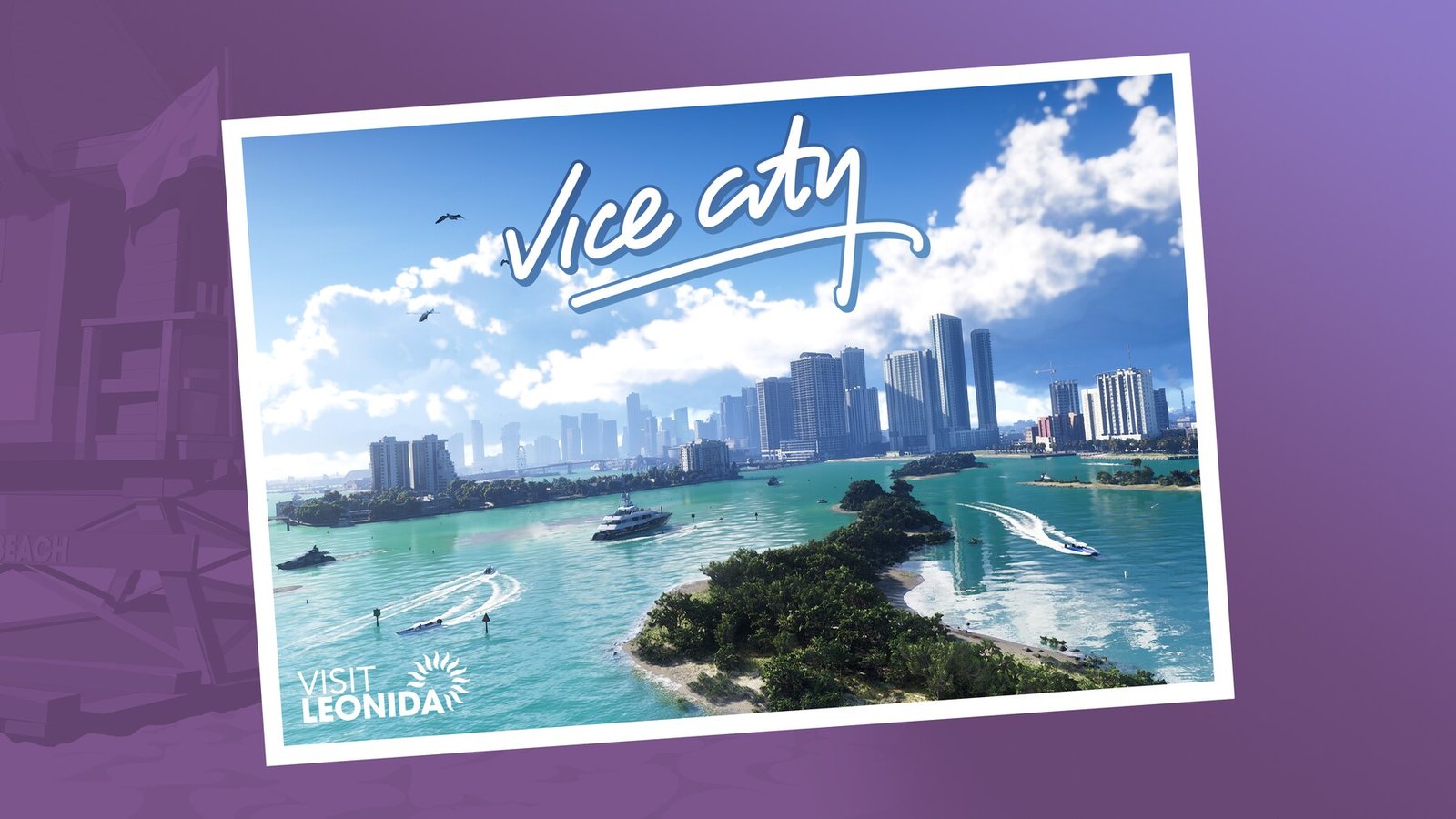 A postcard-style view of Vice City's turquoise water and skyline, with ‘Vice City’ written across the top and a ‘Visit Leonida’ mark in the corner