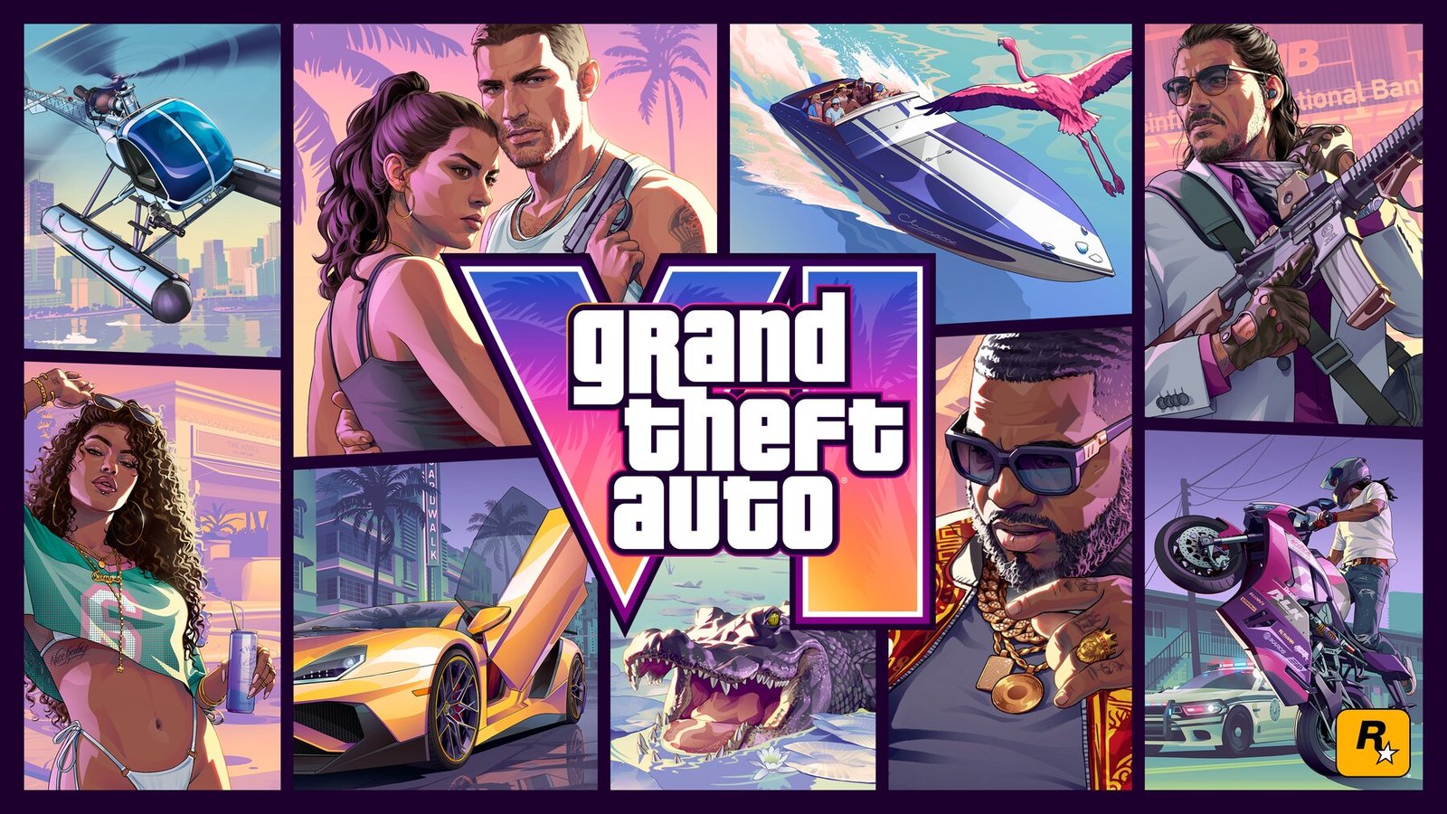 Grand Theft Auto VI cover art featuring Lucia, Jason, other characters, vehicles and Vice City scenes in vivid purple and pink tones