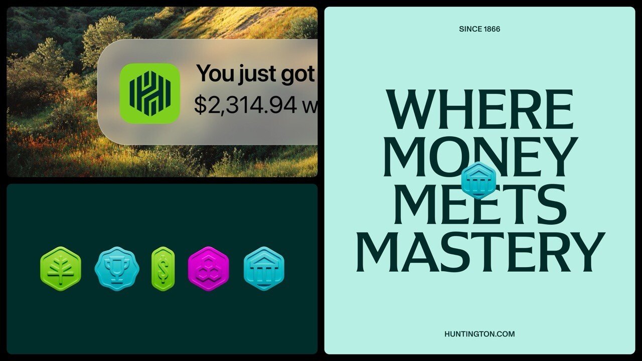 Huntington identity system with colourful symbols and Where Money Meets Mastery messaging