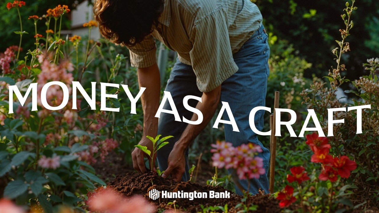 Huntington campaign image with Money as a Craft typography over a garden scene