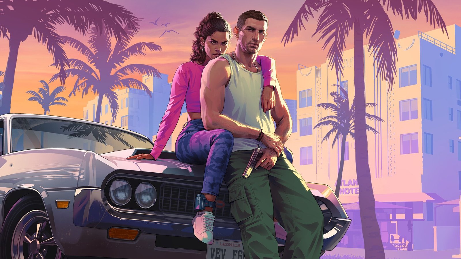 Lucia and Jason pose on a vintage car against a vivid Miami-style sunset, palm trees and Art Deco buildings