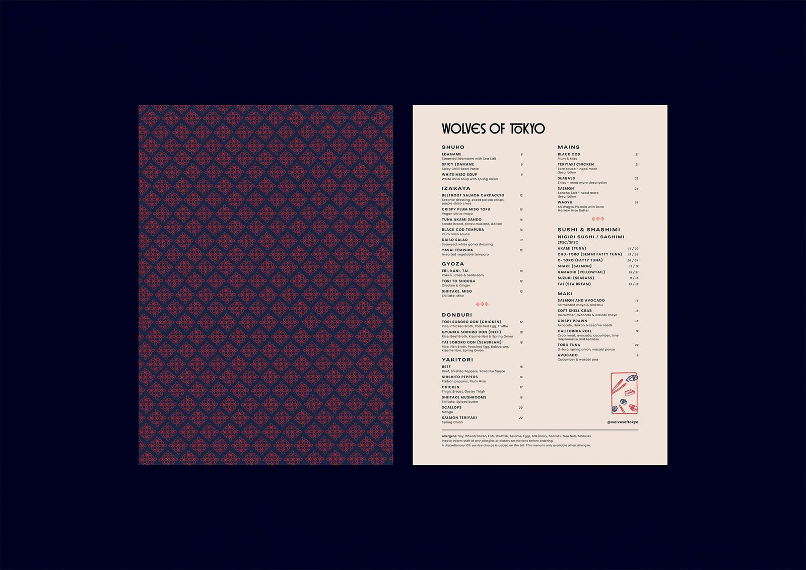 Wolves of Tokyo menu cover with repeating red and blue geometric pattern, and interior menu page listing dishes across categories