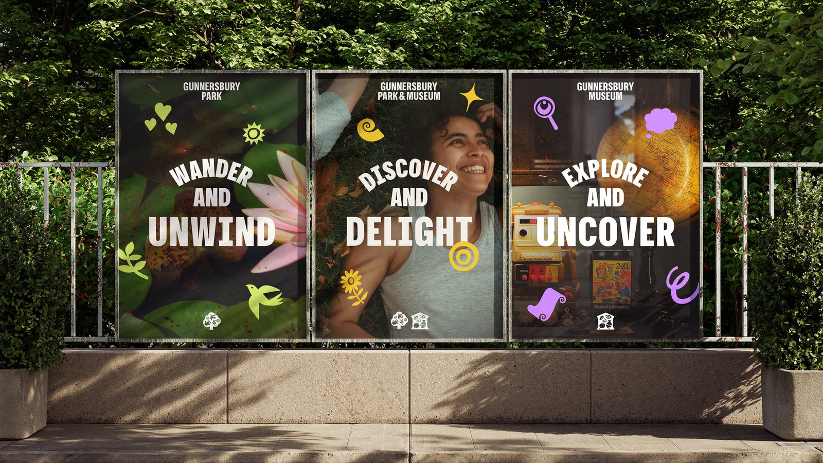 Three outdoor posters for Gunnersbury Park and Museum displaying the rebrand with ‘Wander and Unwind’, ‘Discover and Delight’ and ‘Explore and Uncover’ messages alongside colourful illustrated icons