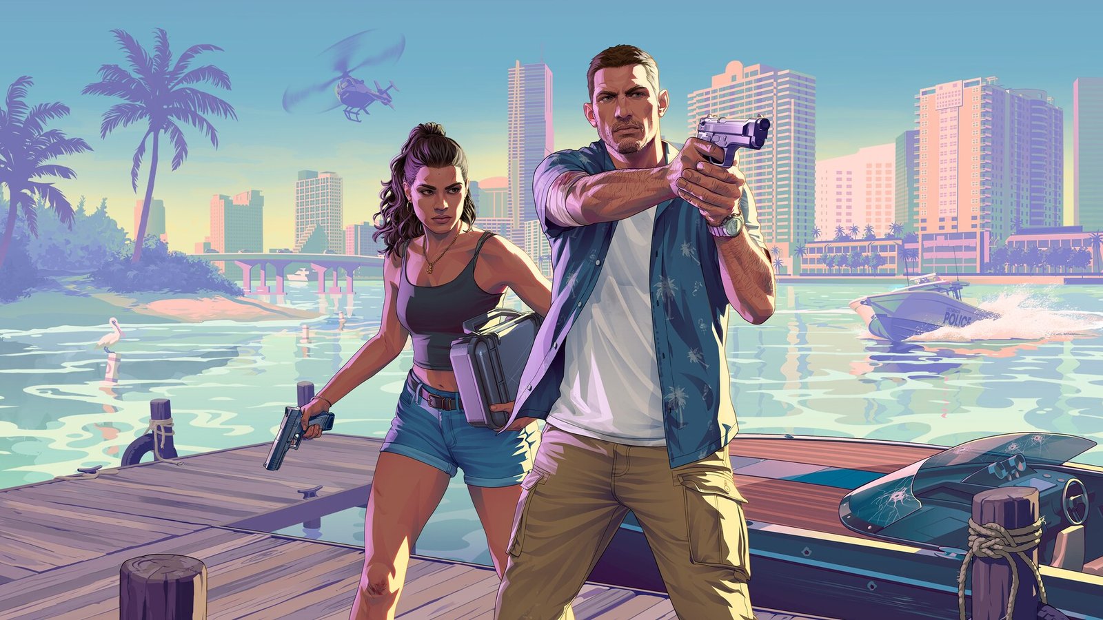 Lucia and Jason stand armed on a wooden dock overlooking a neon-lit Vice City beach and skyline at sunset