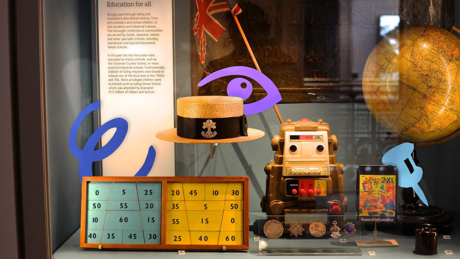 Museum display case containing vintage toys, an educational number puzzle and colourful geometric shapes representing Gunnersbury Museum's rebrand identity