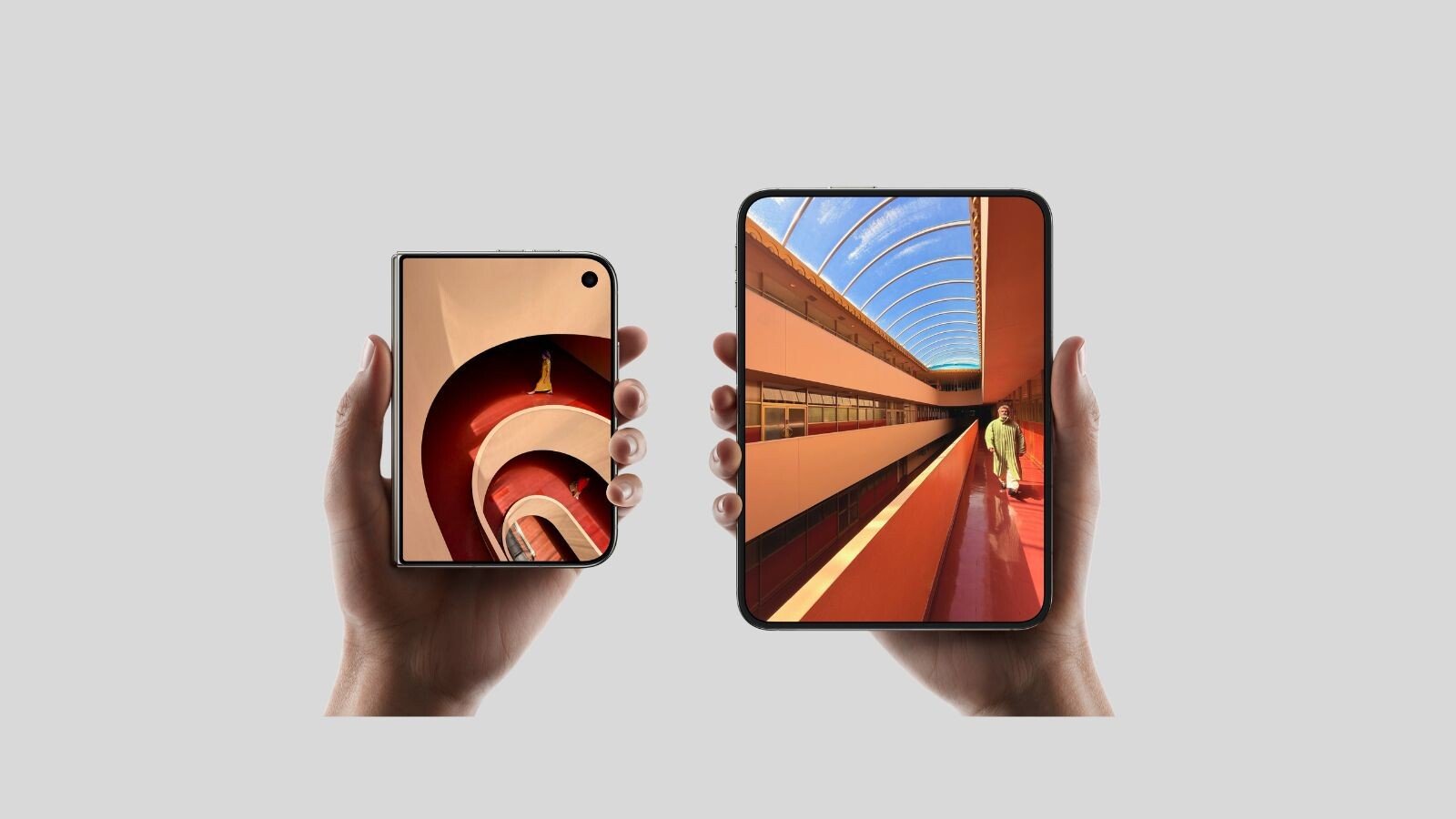 Two hands holding the closed and opened iPhone Duo
