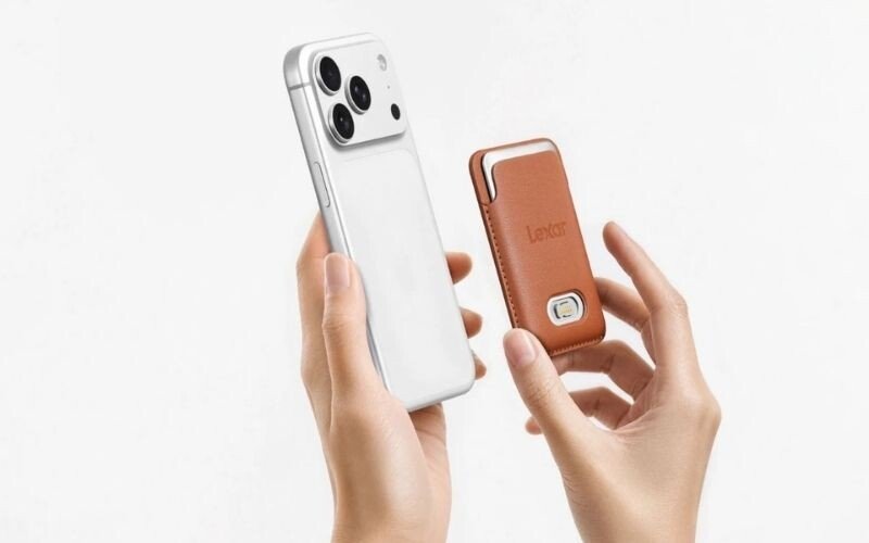 Lexar Muse SSD and magnetic sleeve beside a smartphone