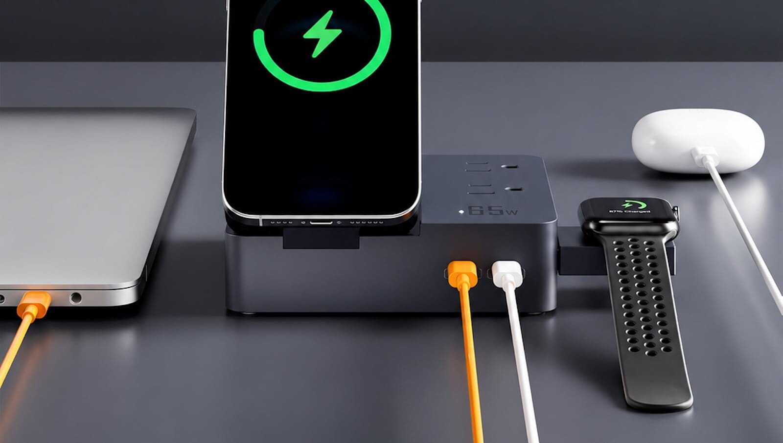 A TESSAN charging station powering a phone, laptop, smartwatch and wireless earbuds