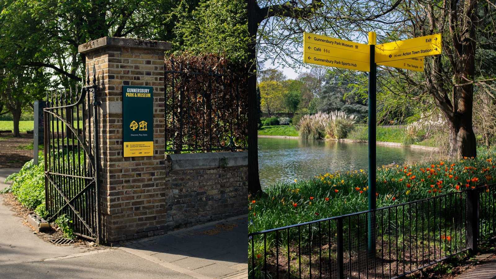 Brick gatehouse with yellow wayfinding signage and black metal gate, overlooking a lake with spring flowers and trees at Gunnersbury Park