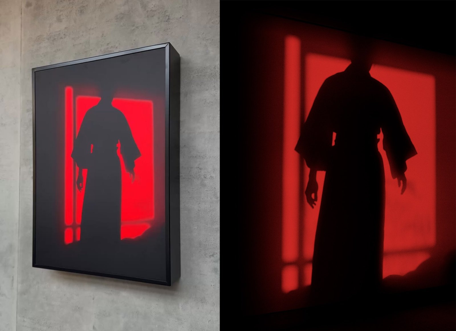 Neon red silhouette of a figure holding a rifle against a bright red background, displayed as a framed artwork on a concrete wall and shown in close-up detail on the right