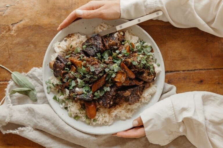 Sweet and spicy braised short ribs served over a creamy base
