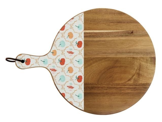 Round Crofton wooden serving board with a pumpkin-pattern enamel section