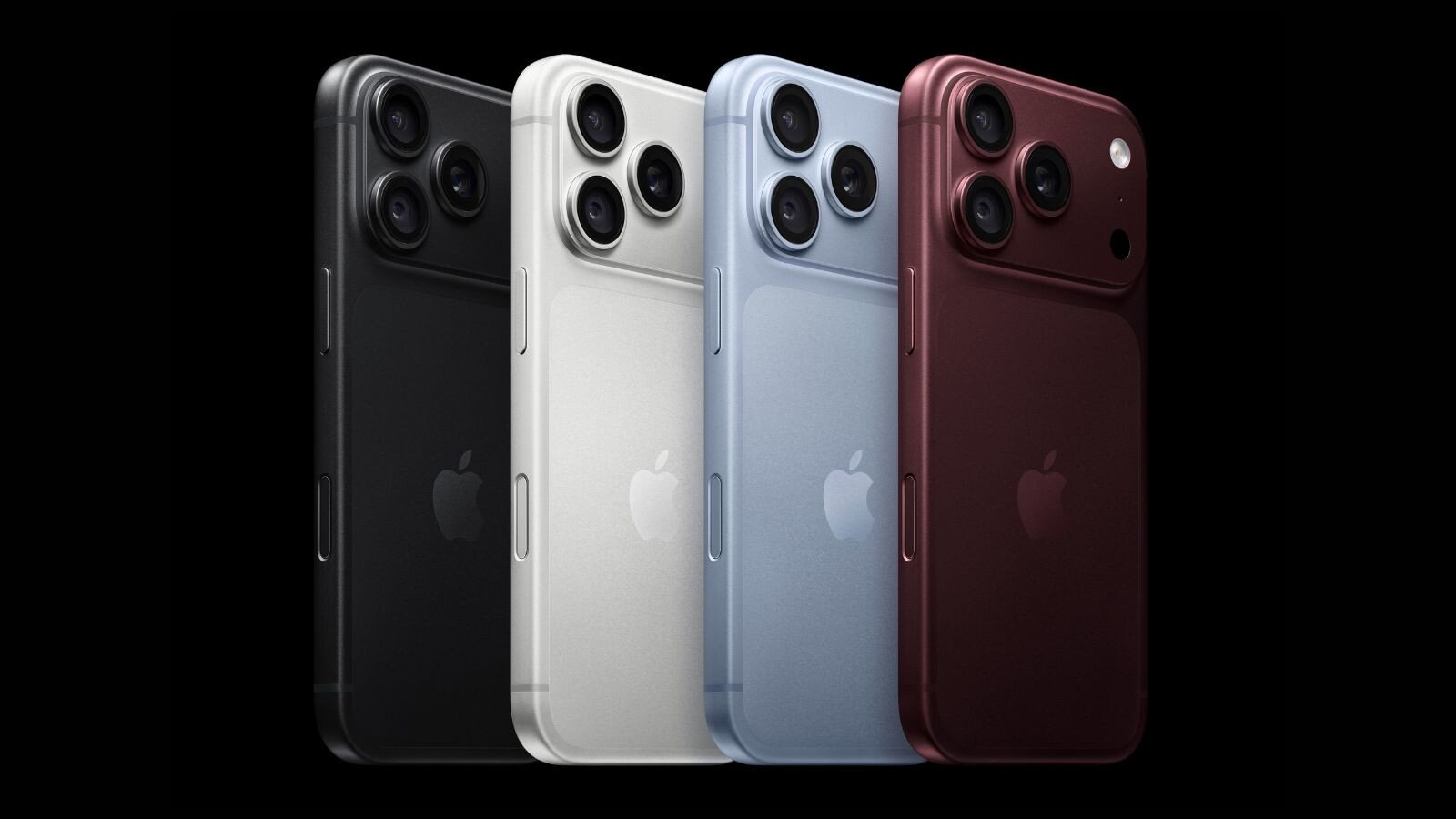 Four iPhone 18 Pro models in black, silver, glacier and burgundy