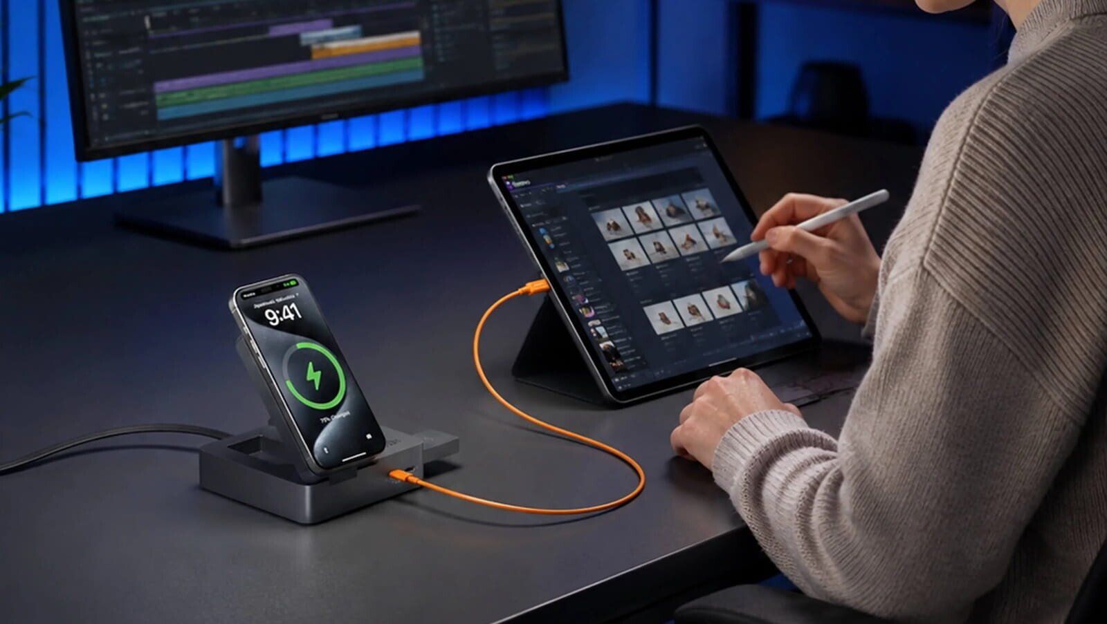A person working on a tablet beside a TESSAN charging station and phone