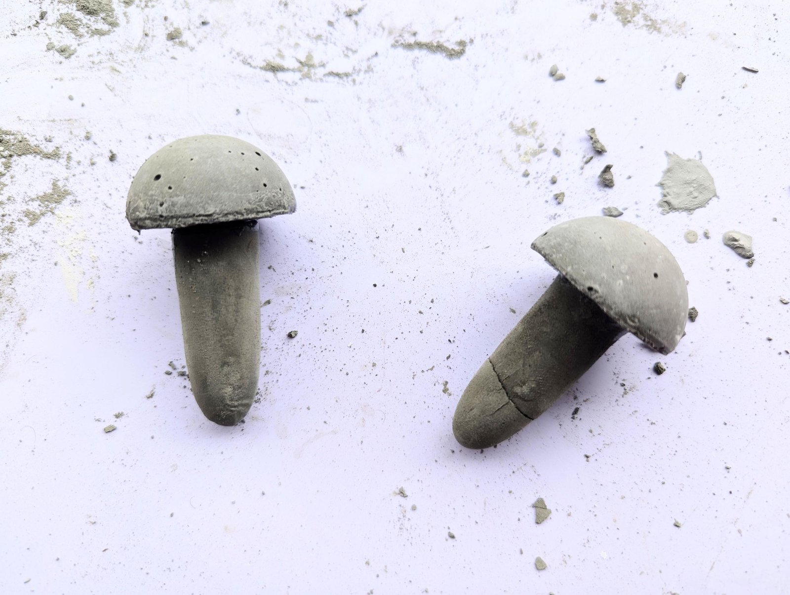 Two small cement mushrooms released from their molds