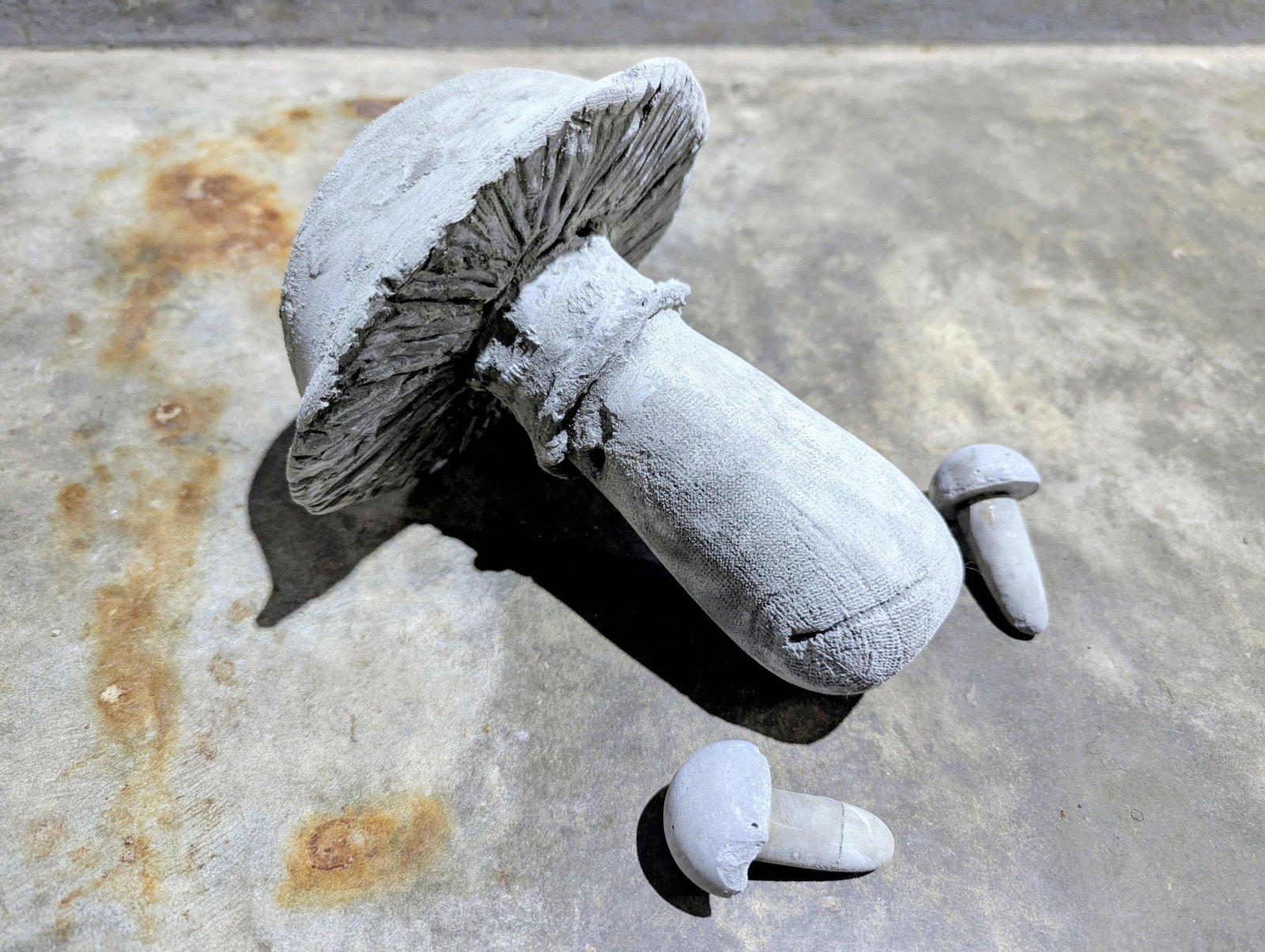 Large and small cement mushrooms after shaping and sanding