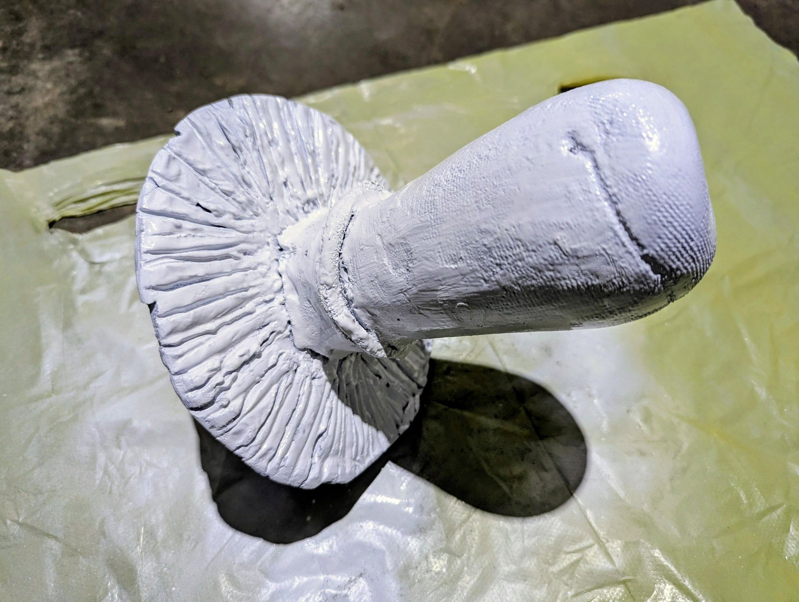 White paint covering the large mushroom stem, ring, and carved gills