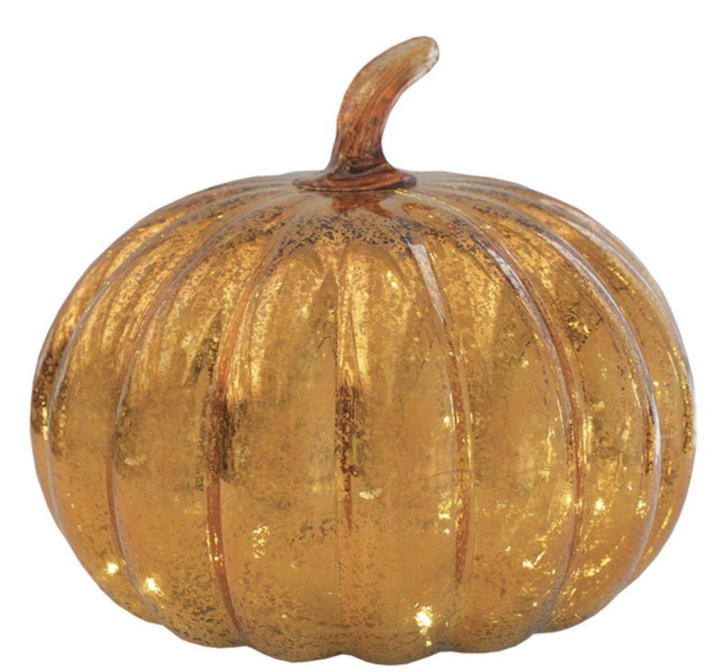Amber LED glass pumpkin with a curved stem