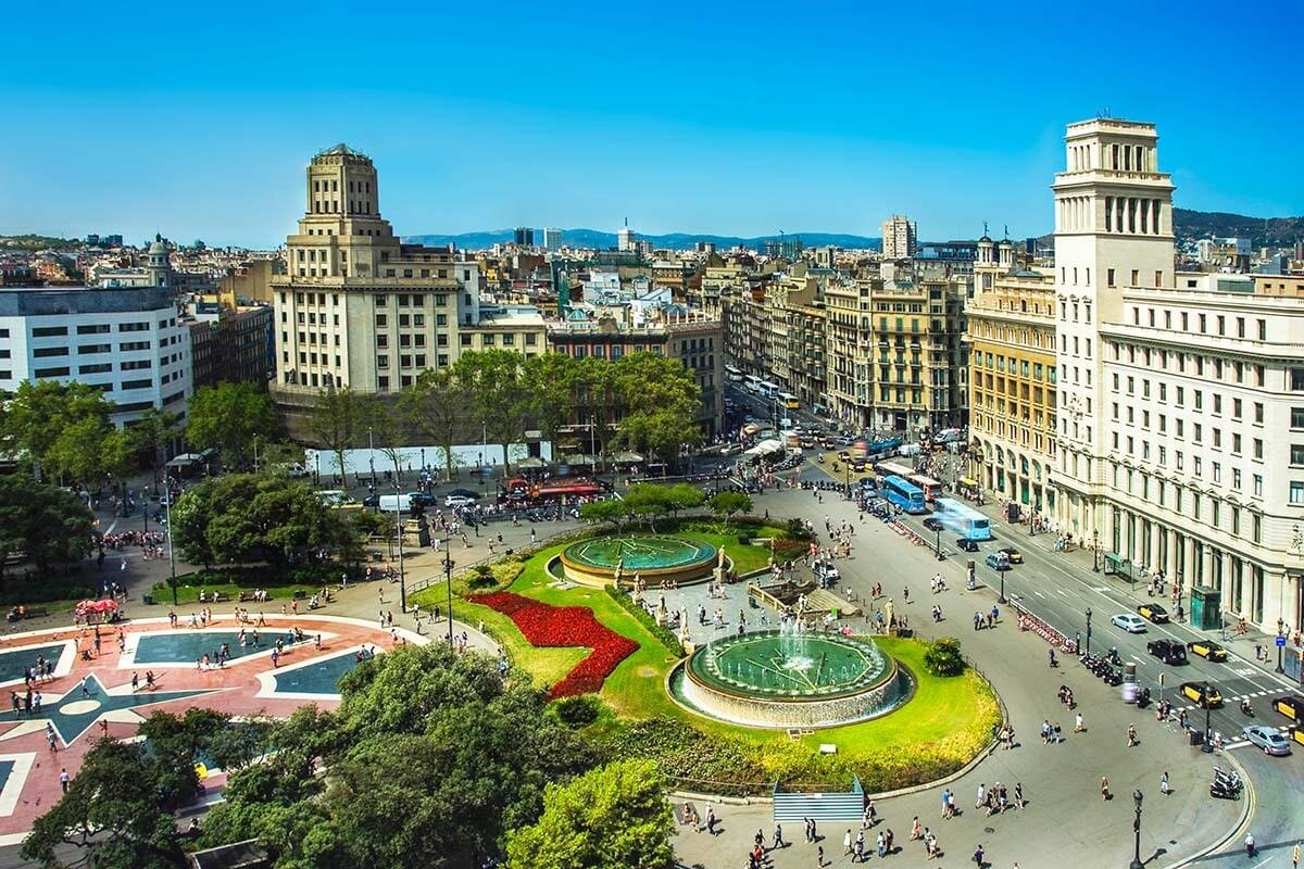Aerial view of Plaça de Catalunya and surrounding central Barcelona buildings