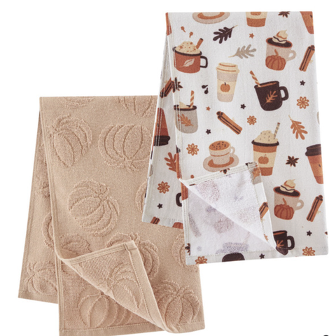 Two Crofton fall kitchen towels with pumpkin and café motifs