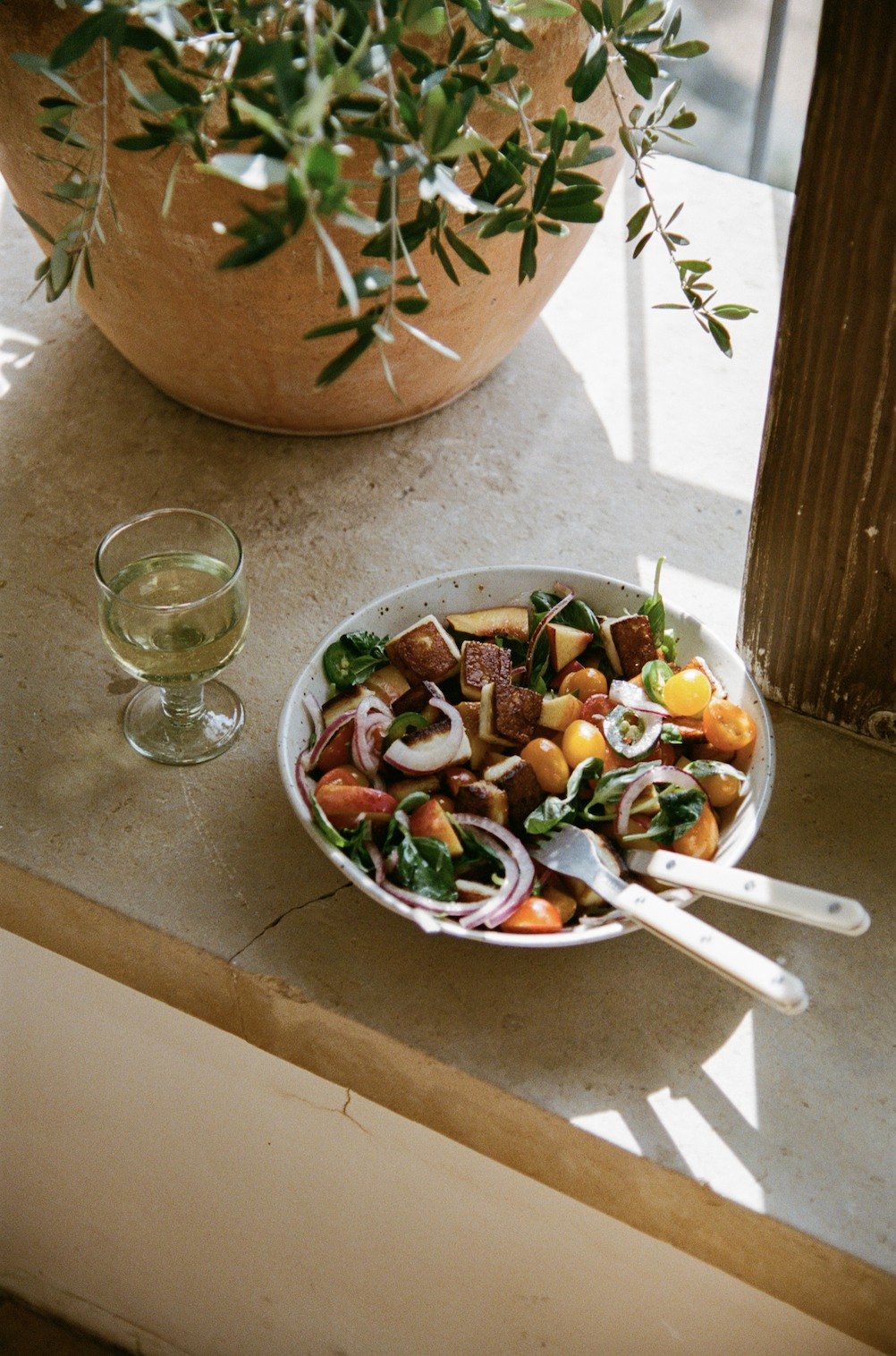 Tomato, nectarine, and halloumi salad in a sunlit serving bowl by a window