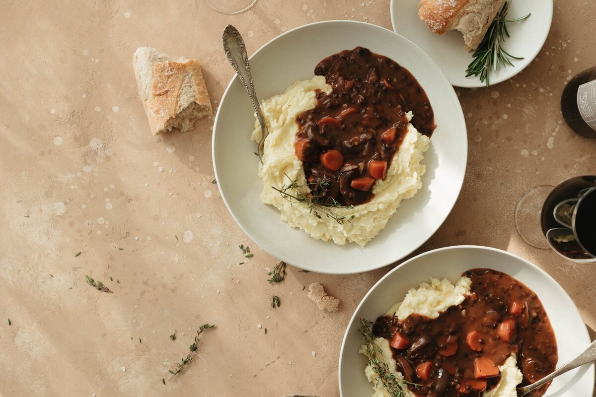 Vegetarian coq au vin with lentils and potatoes
