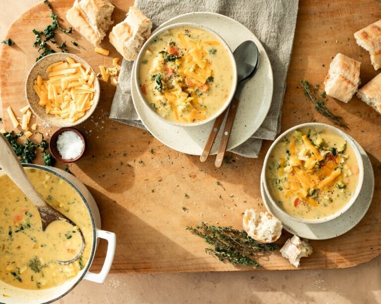 Healthy broccoli cheddar soup in a serving bowl