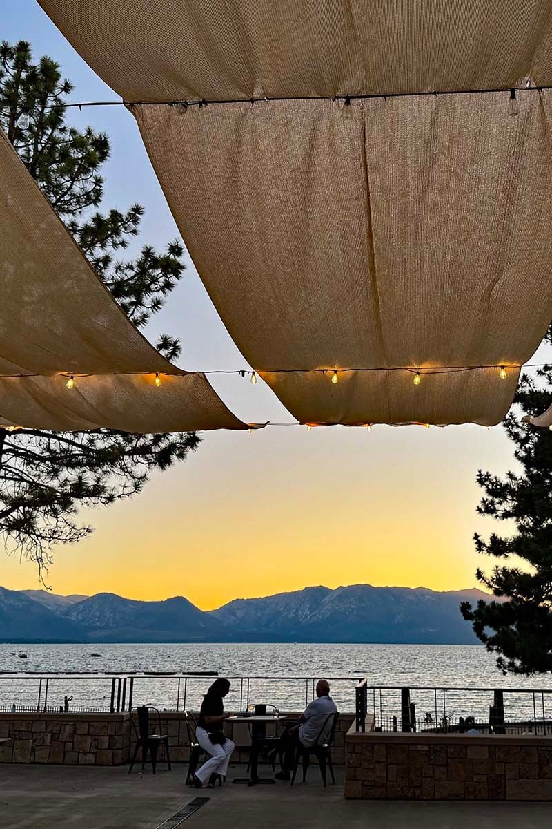 Lake Tahoe sunset view from the Landing Resort rooftop terrace.