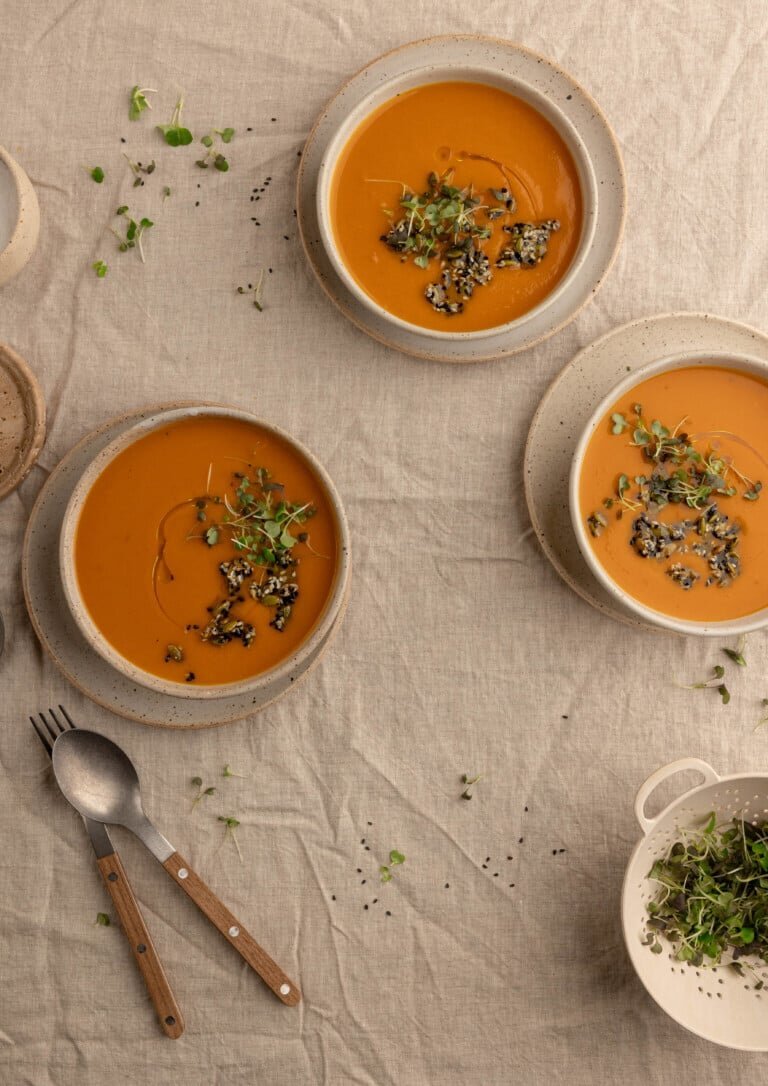 Miso ginger sweet potato soup with a dark garnish