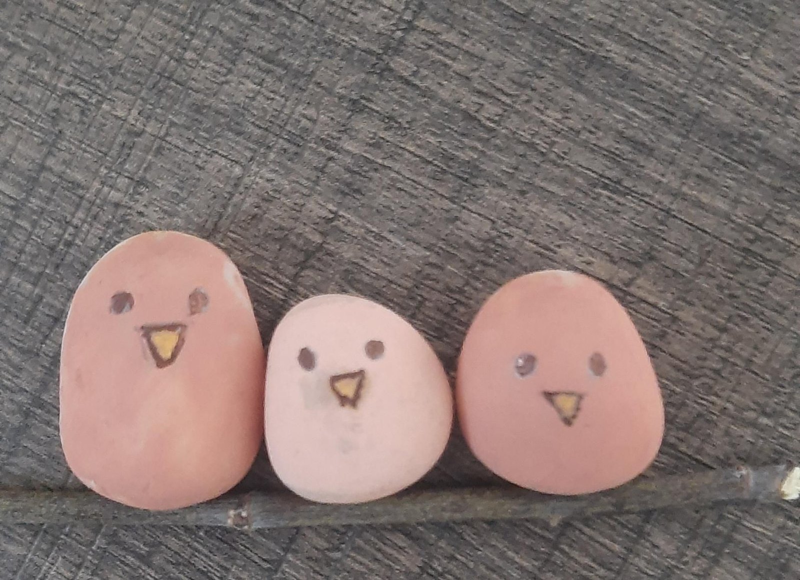 Three pebble birds test-positioned along a natural branch