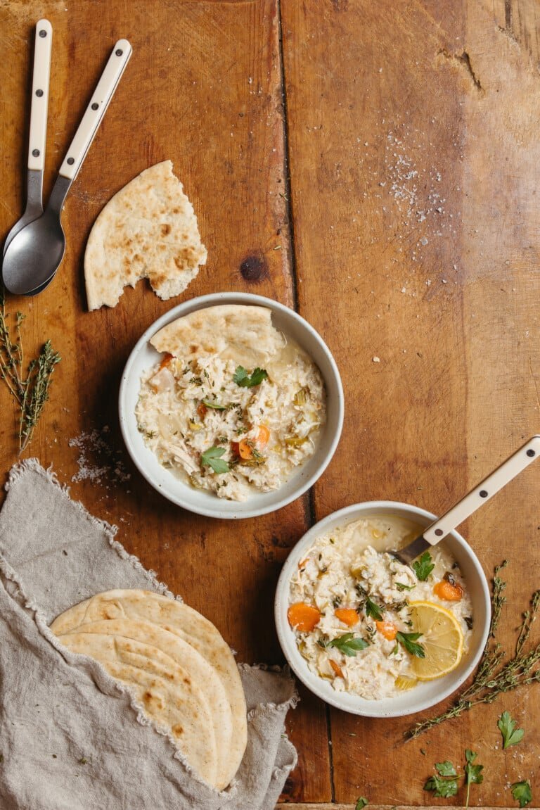 Greek lemon chicken soup with rice and fresh herbs