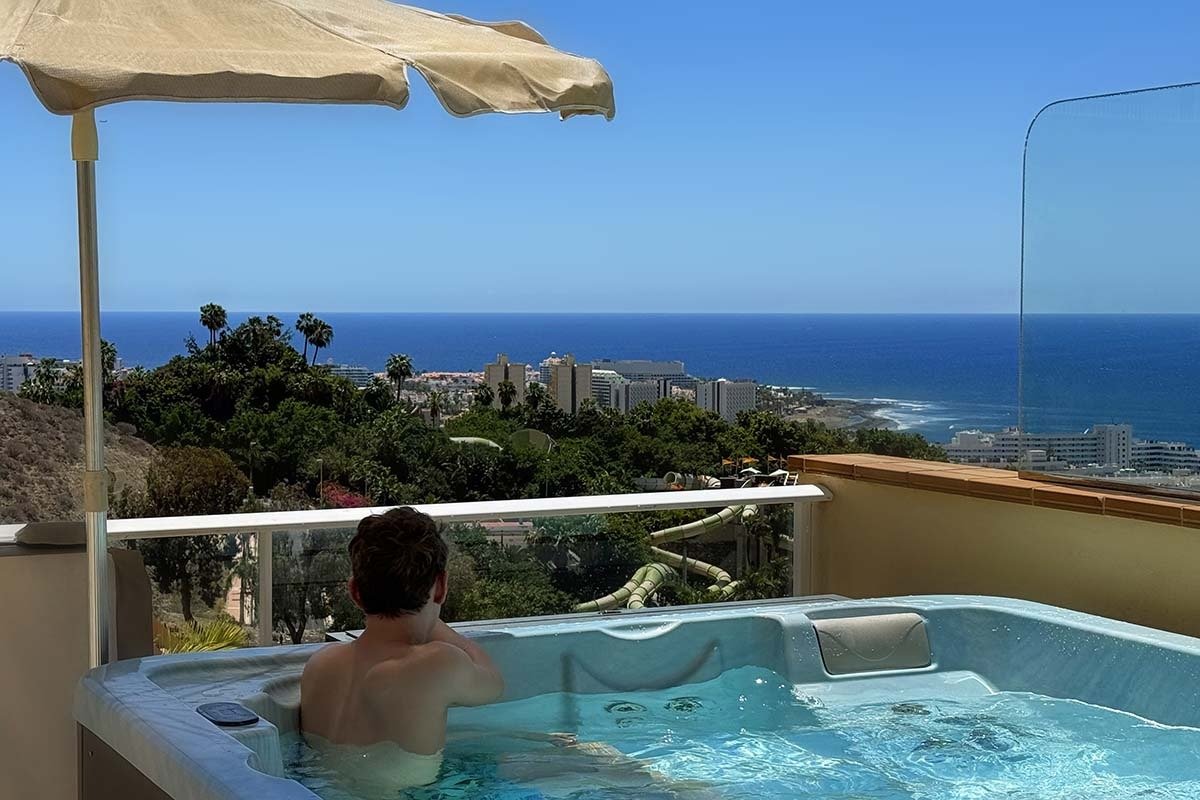 Ocean view from a hillside hot tub in Costa Adeje