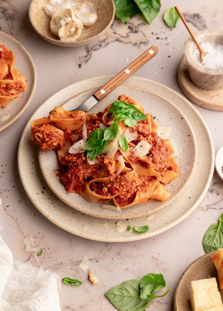 Mushroom and tofu bolognese served over pasta