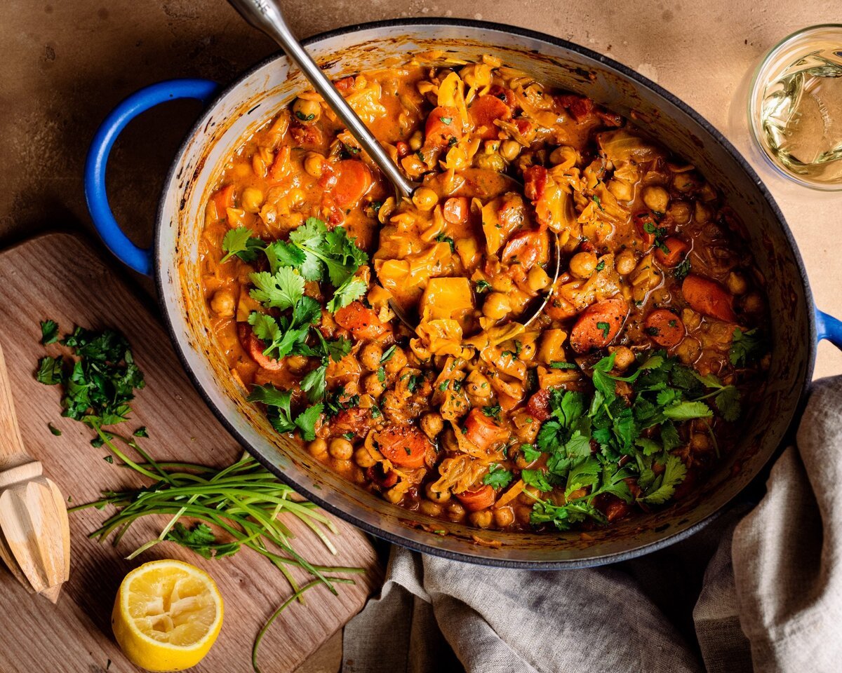 Braised Indian chickpea stew in a large serving dish
