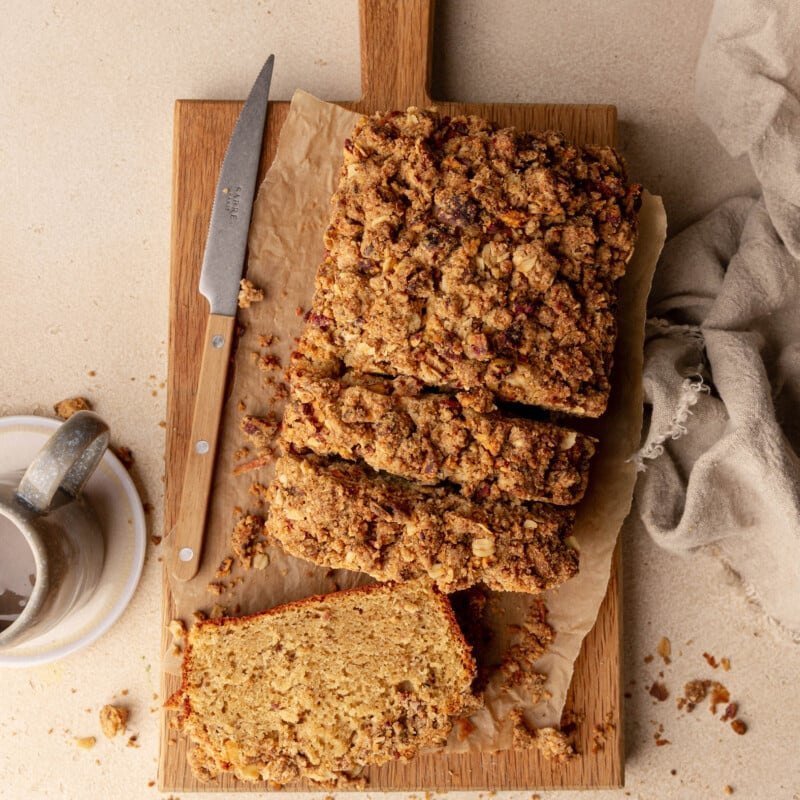 Apple pecan loaf showing a crisp nut streusel topping